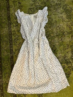 LOFT White Midi Dress with Navy Dot Print